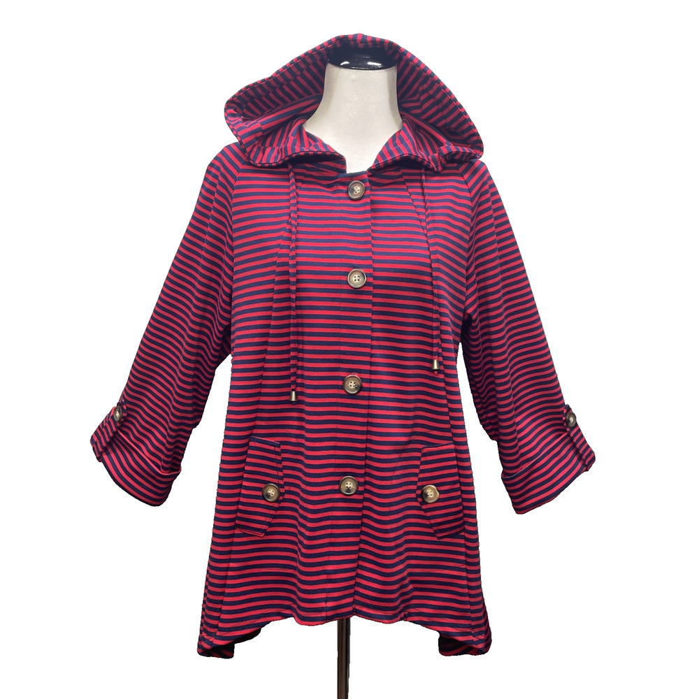 For Cynthia Womens L Red Navy Stripe Hooded Jacket Swing Hem Lagenlook Art Boho